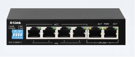 D-Link DES-F1006P-E/B 6-port Fast Ethernet Unmanaged Long Range 250m PoE+ Surveillance Switch with 4 PoE ports