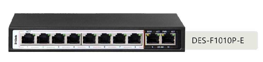 D-Link DES-F1010P-E/B 10-port Fast Ethernet Unmanaged Long Range 250m PoE+ Surveillance Switch with 8 PoE ports