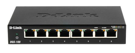 D-Link DGS-108/B 8-port 10/100/1000Base-T Unmanaged Metal Desktop Gigabit Switch (UK Plug)