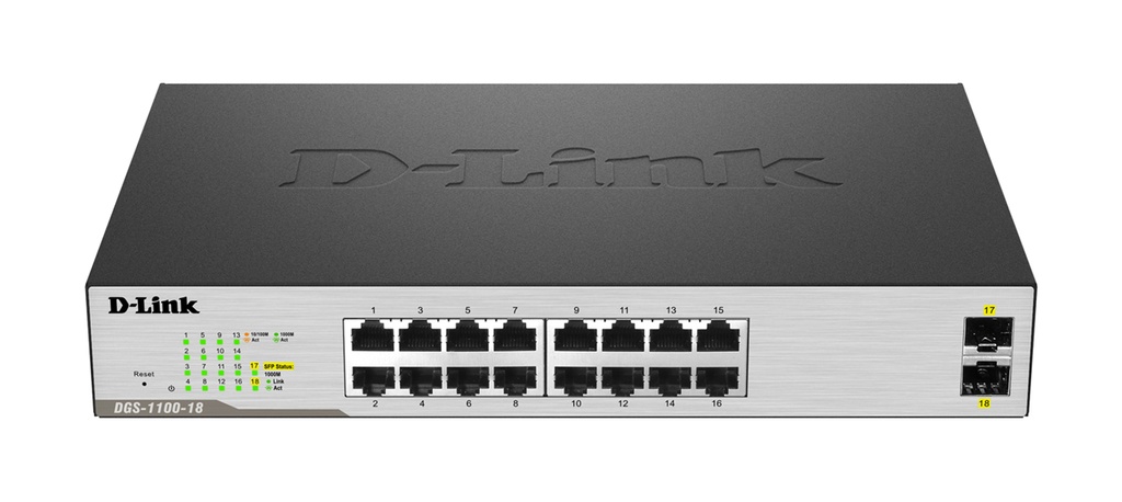 D-Link DGS-1100-18 16 Ports 10/100/1000Mbps Smart Gigabit Switch with 2 x SFP ports