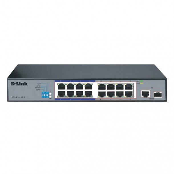 D-Link DES-F1016P-E/B 16-port Fast Ethernet Unmanaged Long Range 250m PoE+ Surveillance Switch with 16 PoE ports