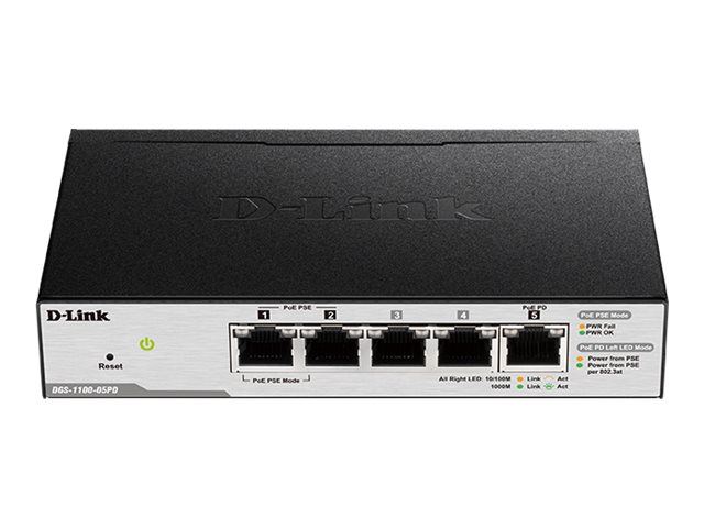 D-Link DGS-1100-05PD/U 2-Ports 10/100/1000Mbps PoE + 3-Ports 10/100/1000Mbps with 1 PD ( PoE powered ) port Smart Switch,Max PoE Power budget 18W with 802.3at input / 8W with 802.3af input