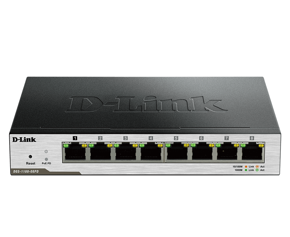 [DGS-1100-08PD/E] D-Link DGS-1100-08PD/E 8- port 10/100/1000Mbps ports with 1 PD port Smart switch PoE Powered or powered by external power adaptor