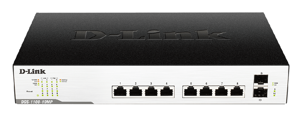 D-Link DGS-1100-10MP 8 Ports 10/100/1000Mbps PoE+ Smart Gigabit Switch with 2 SFP ports, 130W PoE power budget