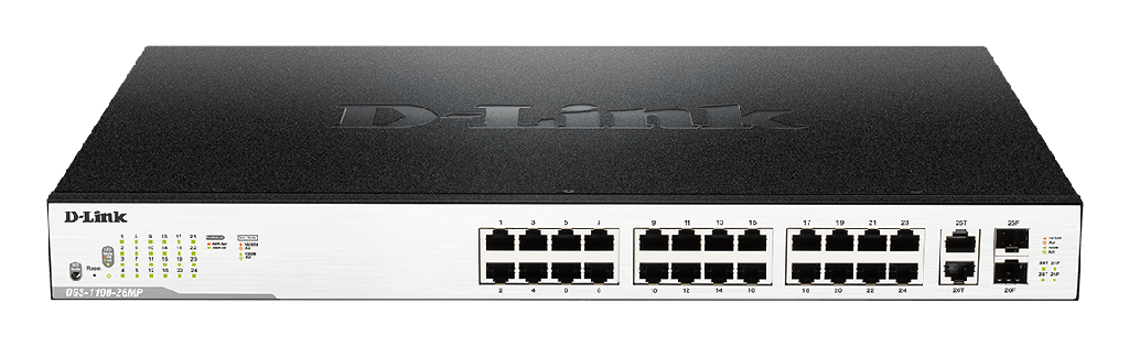 D-Link DGS-1100-26MP 24 Ports 10/100/1000Mbps PoE+ Smart Gigabit Switch with 2 combo 1000Base-T/ SFP ports, 370W PoE power budget