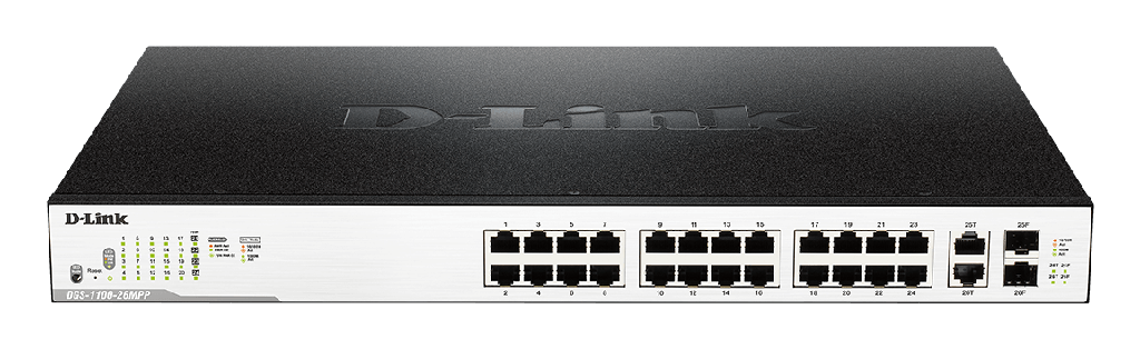 D-Link DGS-1100-26MPP 24 Ports 10/100/1000Mbps PoE++ Smart Gigabit Switch with 2 combo 1000Base-T/ SFP ports, 518W PoE power budget, upto 75W on 21-24 ports