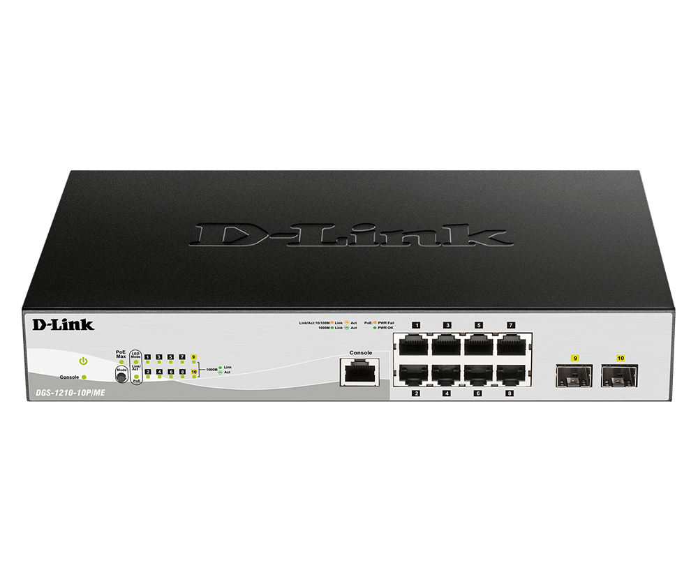D-Link DGS-1210-10P/ME/B1A 8-ports 10/100/1000Base-T PoE + 2 SFP ports Metro Ethernet Managed Switch, 78W PoE Power budget. (802.3af/802.3at support)