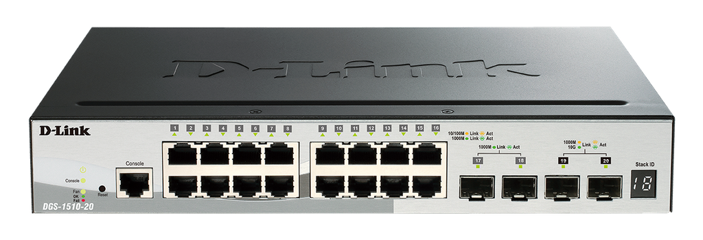 D-Link DGS-1510-20 16 port 10/100/1000Mbps Gigabit Smart Pro Switch with 2 SFP port + 2 x 10G SFP+ ports (EU/UK plug)