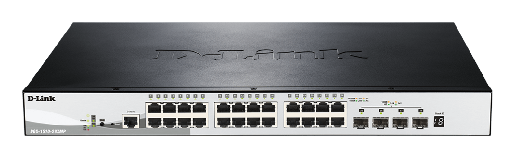D-Link DGS-1510-28XMP 24 Ports 10/100/1000Base-T PoE Gigabit Smart Pro Switch with 4 x 10G SFP+ ports, 370W PoE Power Budget, (EU/UK plug)power plug