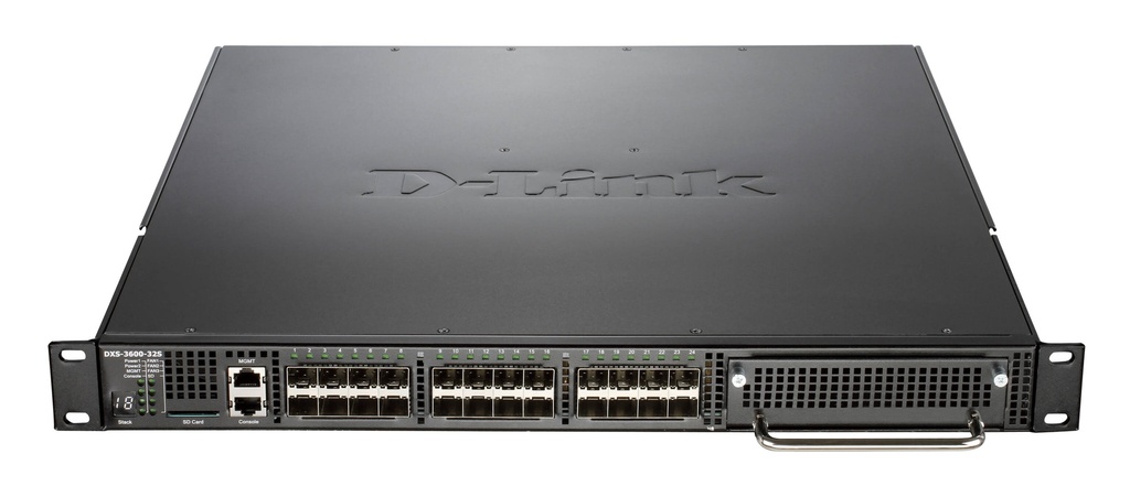 D-Link DXS-3600-32S/SI 24 fixed SFP+ ports with one expansion slot with Standard Image, one AC power supply, and three fan trays (front-to-back airflow) included