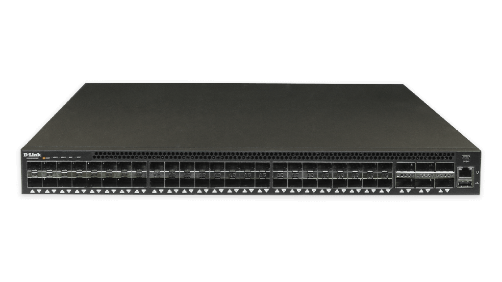 D-Link DXS-5000-54S/UF L3 Managed Data center switch with 48-port 10G SFP+, 6-port 40G QSFP+ interfaces, 2 front-to-back DC PSUs & 4 front-to-back fan modules included